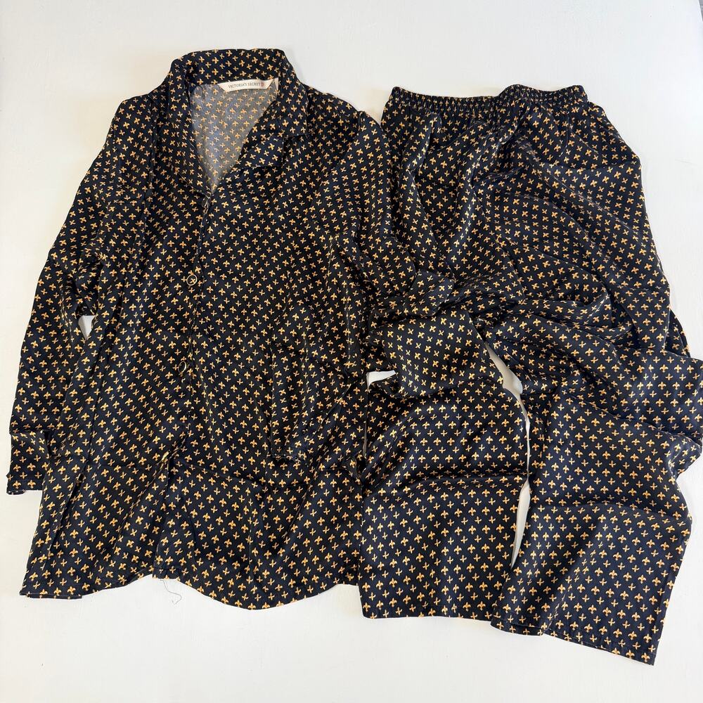 Victoria's Secret 100% Silk Pajama Set Black Gold Fleur de Lis Sleepwear Small